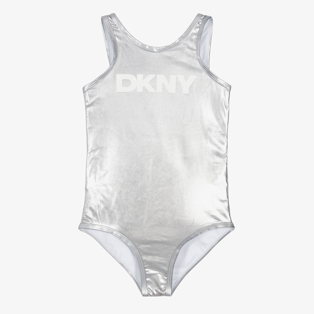 DKNY-Girls Metallic Silver Logo Swimsuit | Childrensalon
