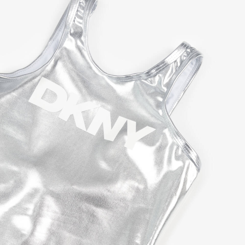 DKNY-Girls Metallic Silver Logo Swimsuit | Childrensalon