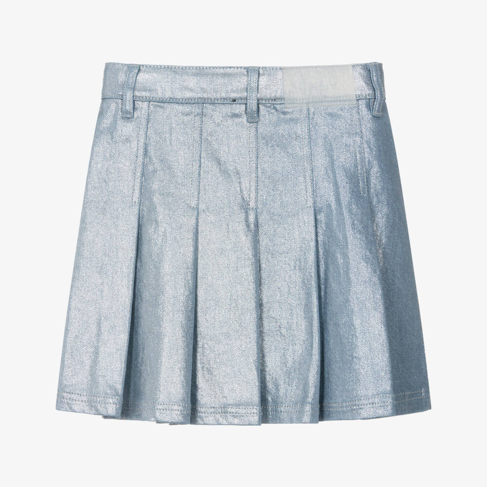 DKNY-Girls Metallic Silver Pleated Denim Skirt | Childrensalon
