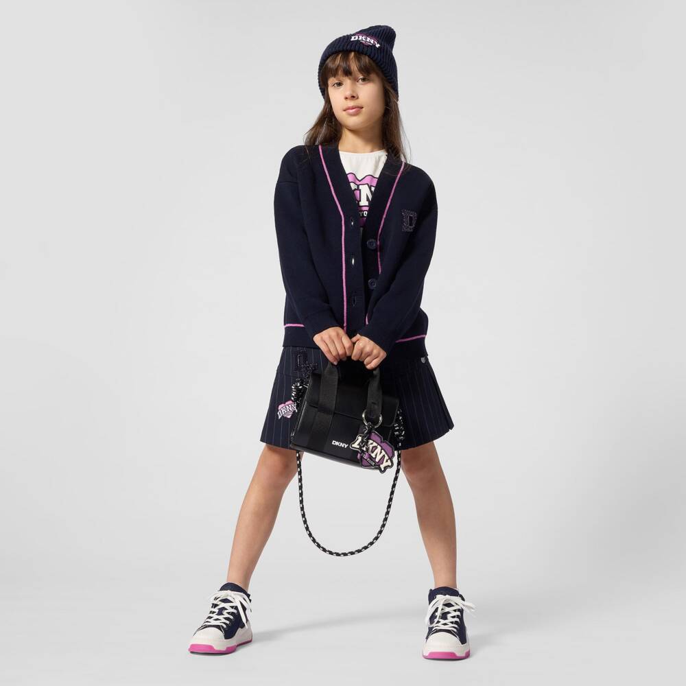 DKNY-Girls Navy Blue Cotton Knit Cardigan with Pink Trim | Childrensalon