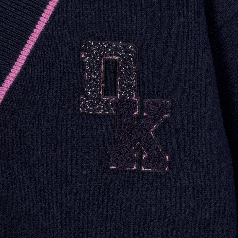 DKNY-Girls Navy Blue Cotton Knit Cardigan with Pink Trim | Childrensalon