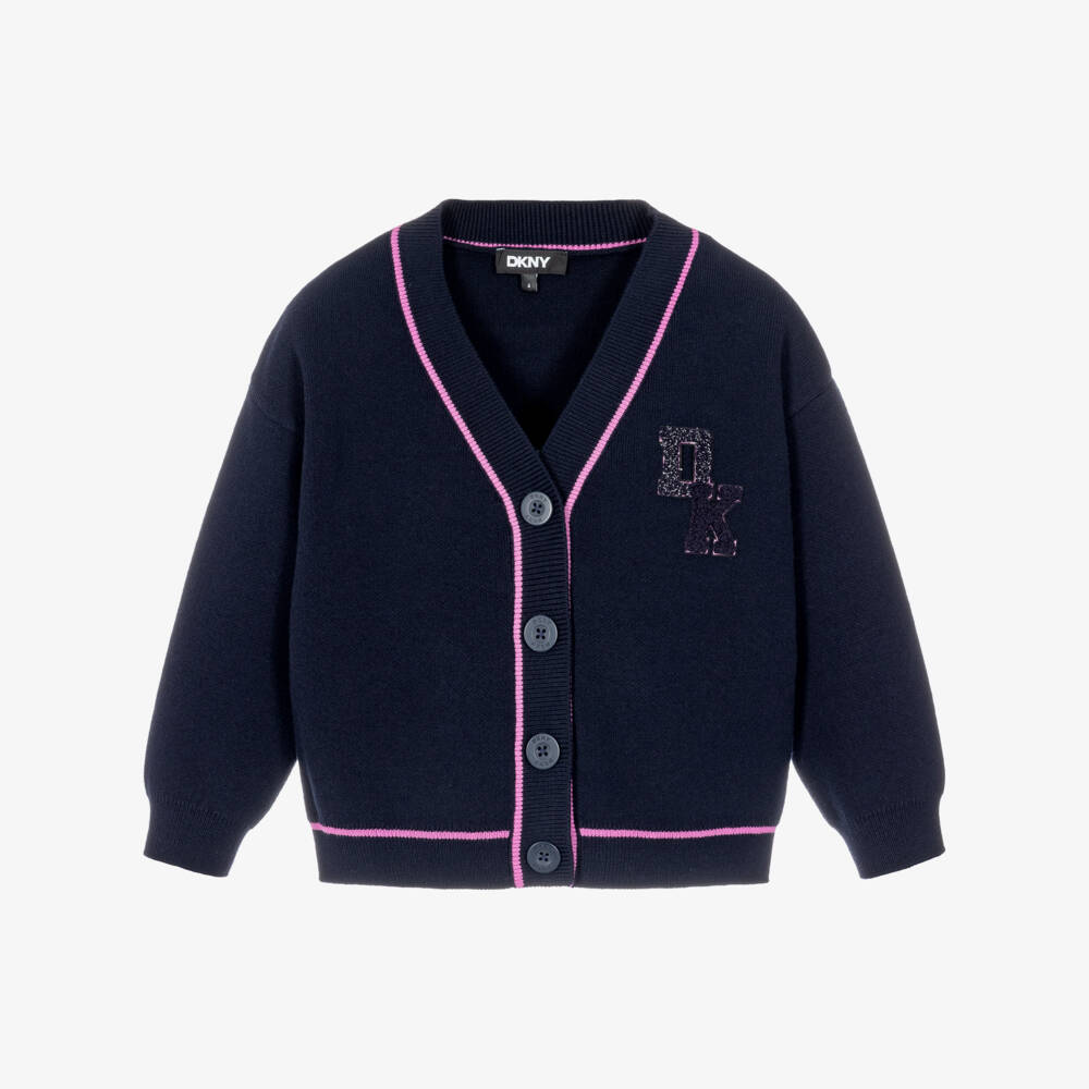 DKNY-Girls Navy Blue Cotton Knit Cardigan with Pink Trim | Childrensalon