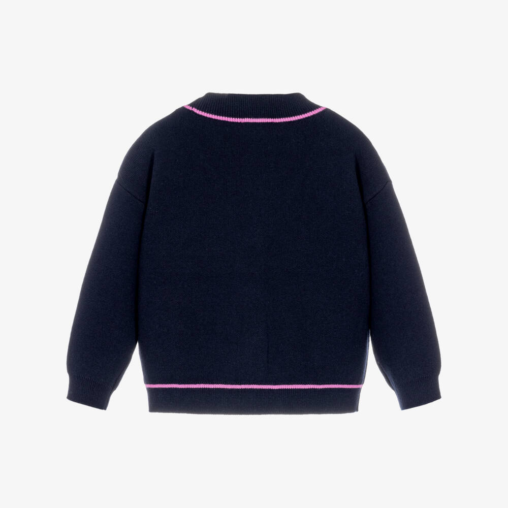 DKNY-Girls Navy Blue Cotton Knit Cardigan with Pink Trim | Childrensalon