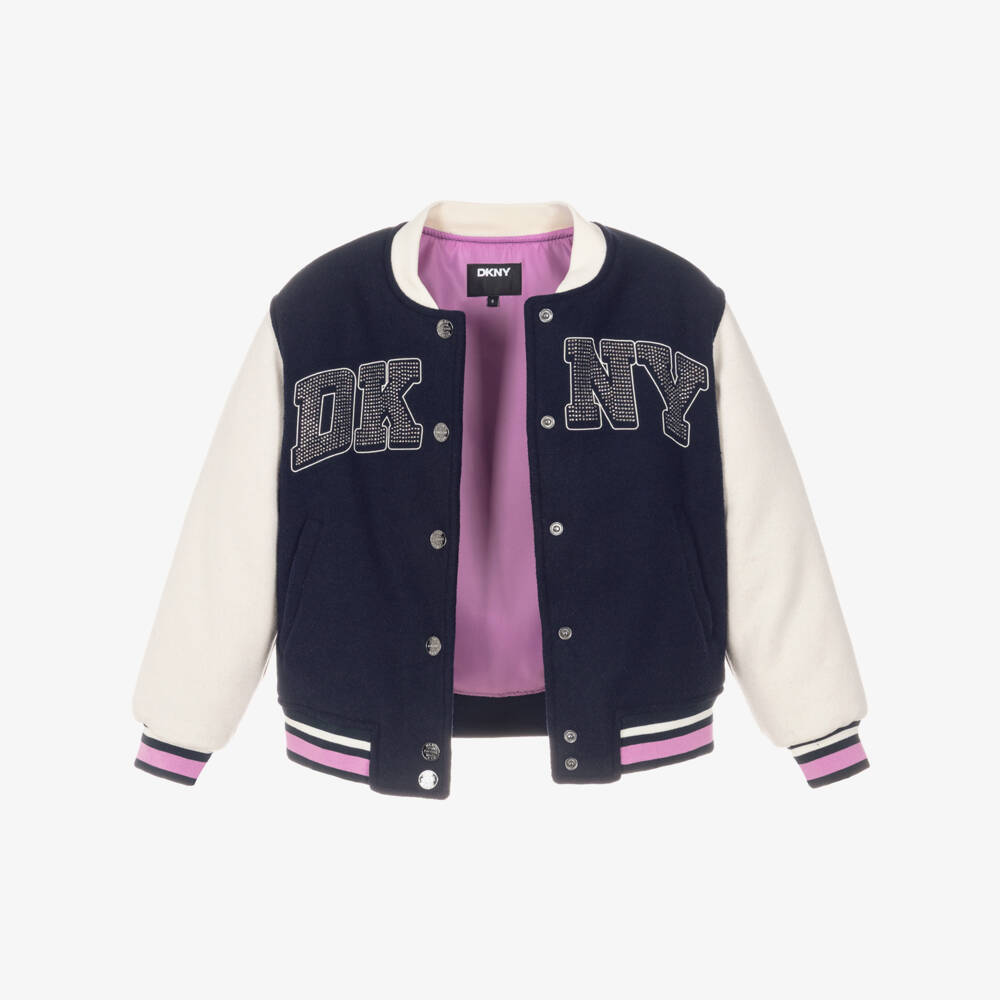 DKNY-Girls Navy Blue Varsity Jacket with Diamanté Logo | Childrensalon