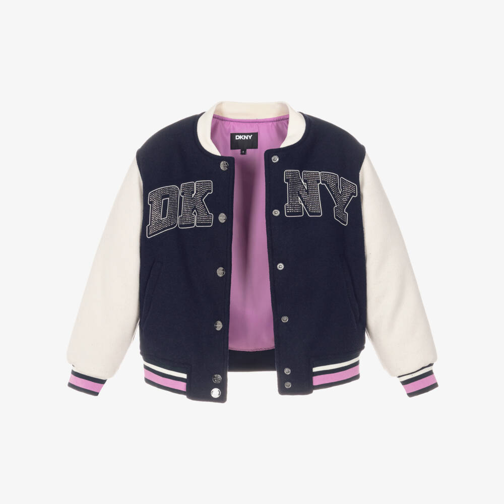 DKNY-Girls Navy Blue Varsity Jacket with Diamanté Logo | Childrensalon