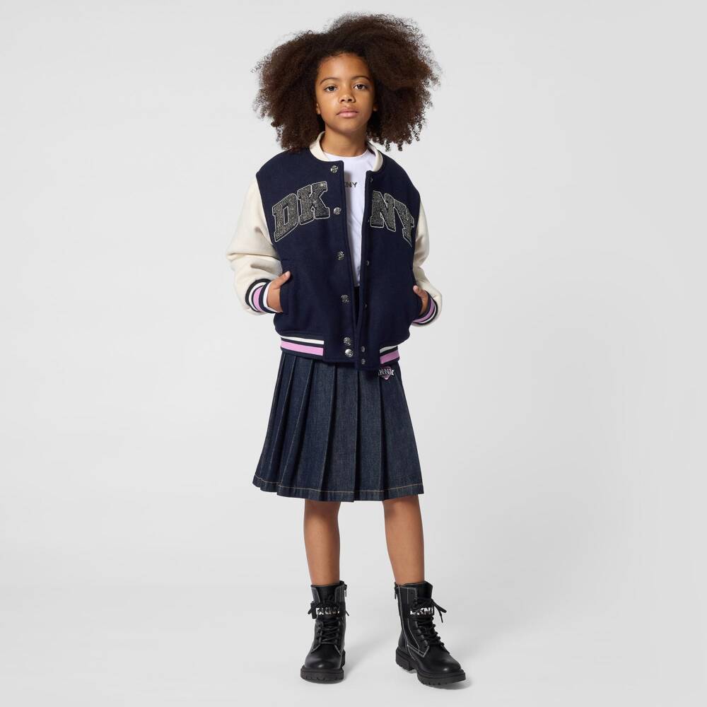 DKNY-Girls Navy Blue Varsity Jacket with Diamanté Logo | Childrensalon