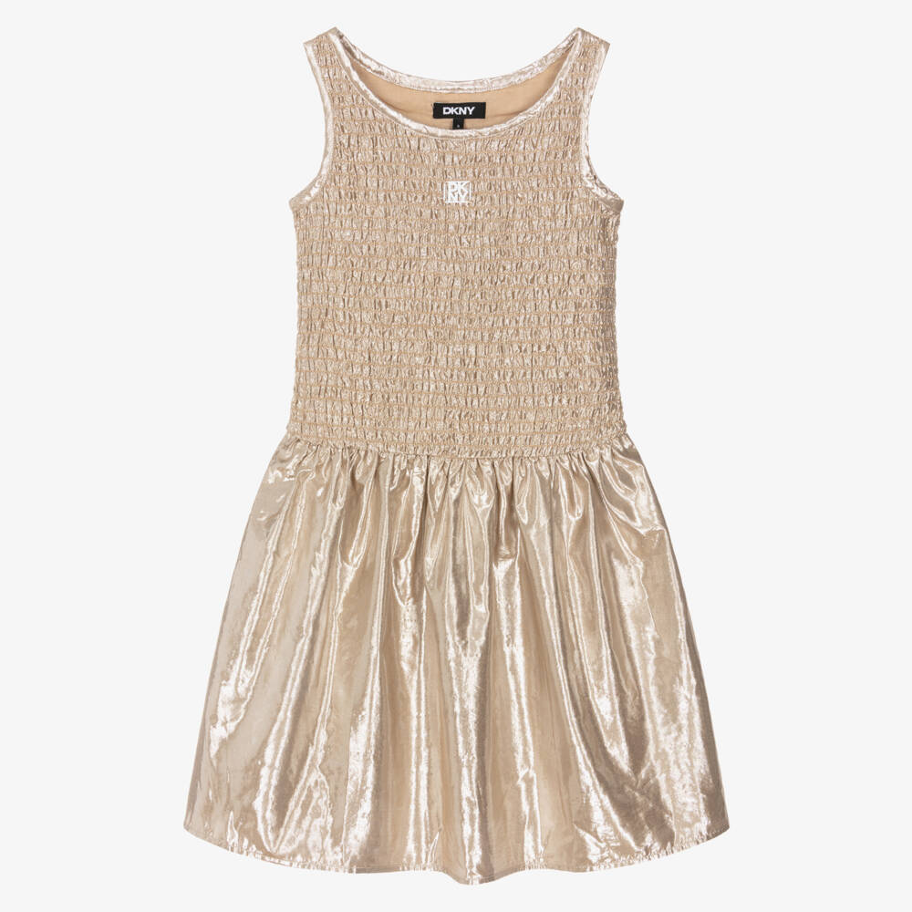 DKNY-Girls Ruched Metallic Gold Dress with Stacked Logo | Childrensalon