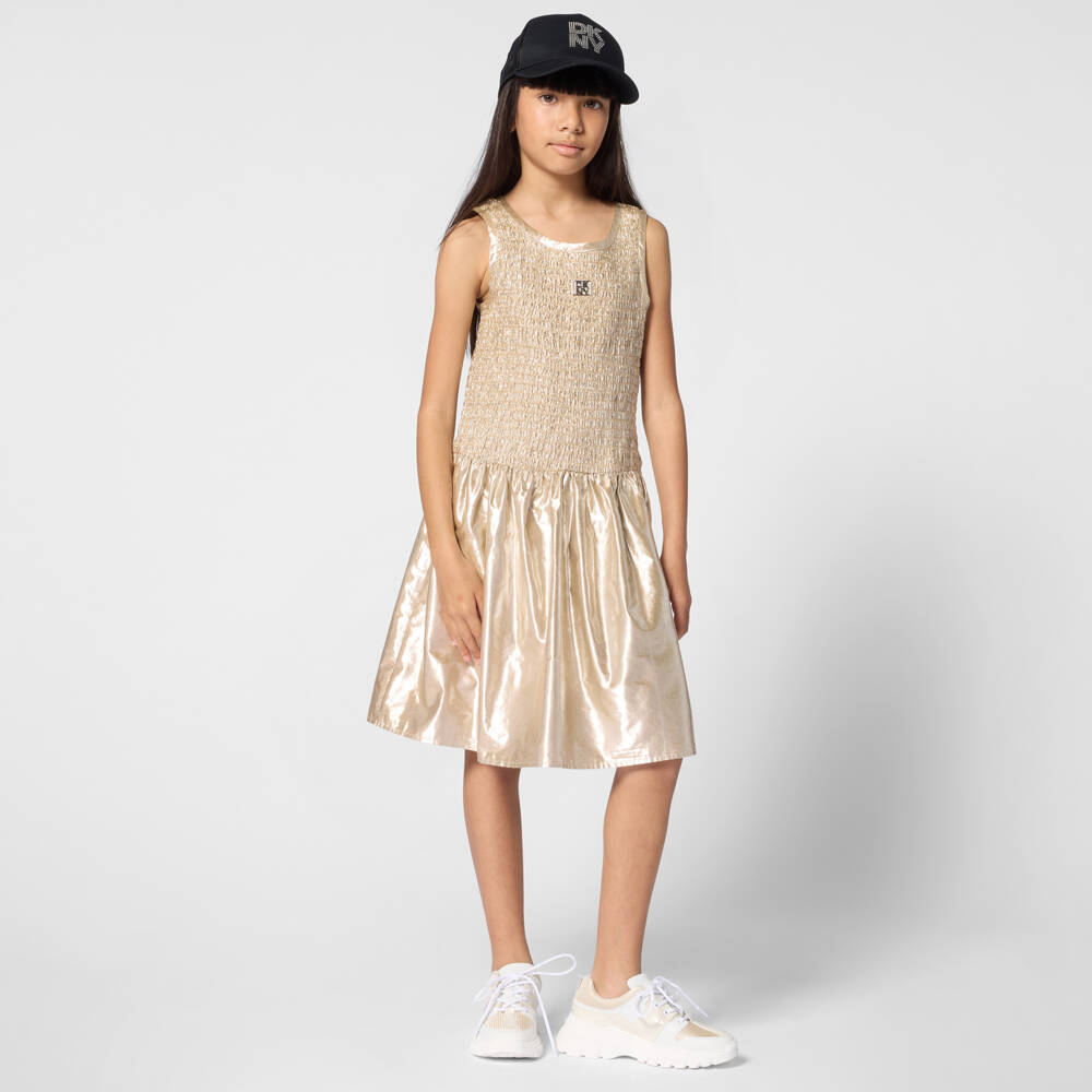 DKNY-Girls Ruched Metallic Gold Dress with Stacked Logo | Childrensalon