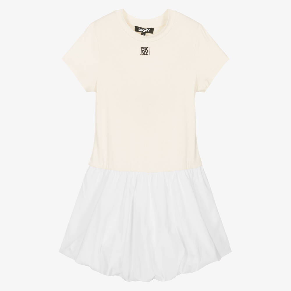 DKNY-Girls Shimmery Ivory & White Dress with Logo Charm | Childrensalon