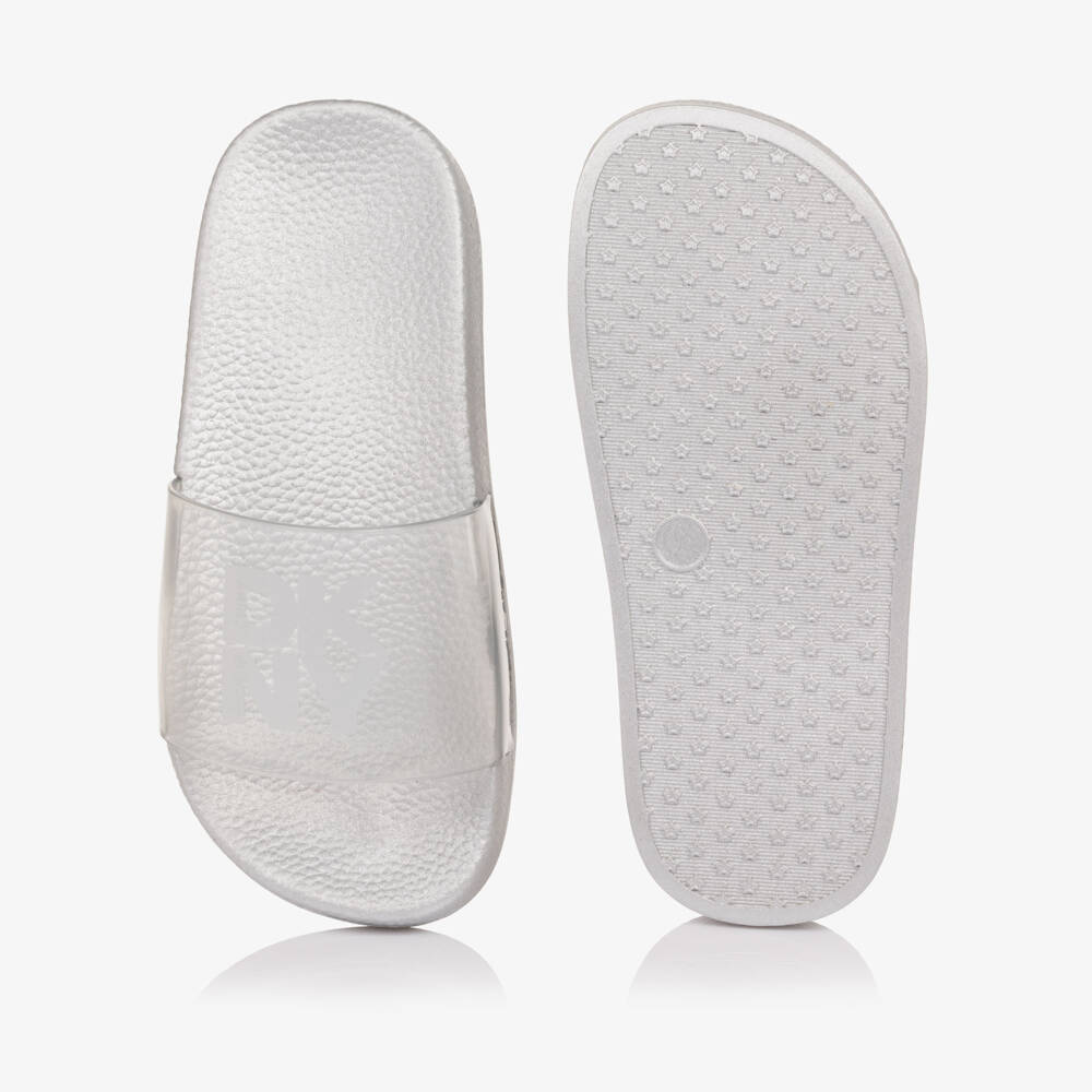 DKNY-Girls Silver Sliders with Transparent Logo Strap | Childrensalon
