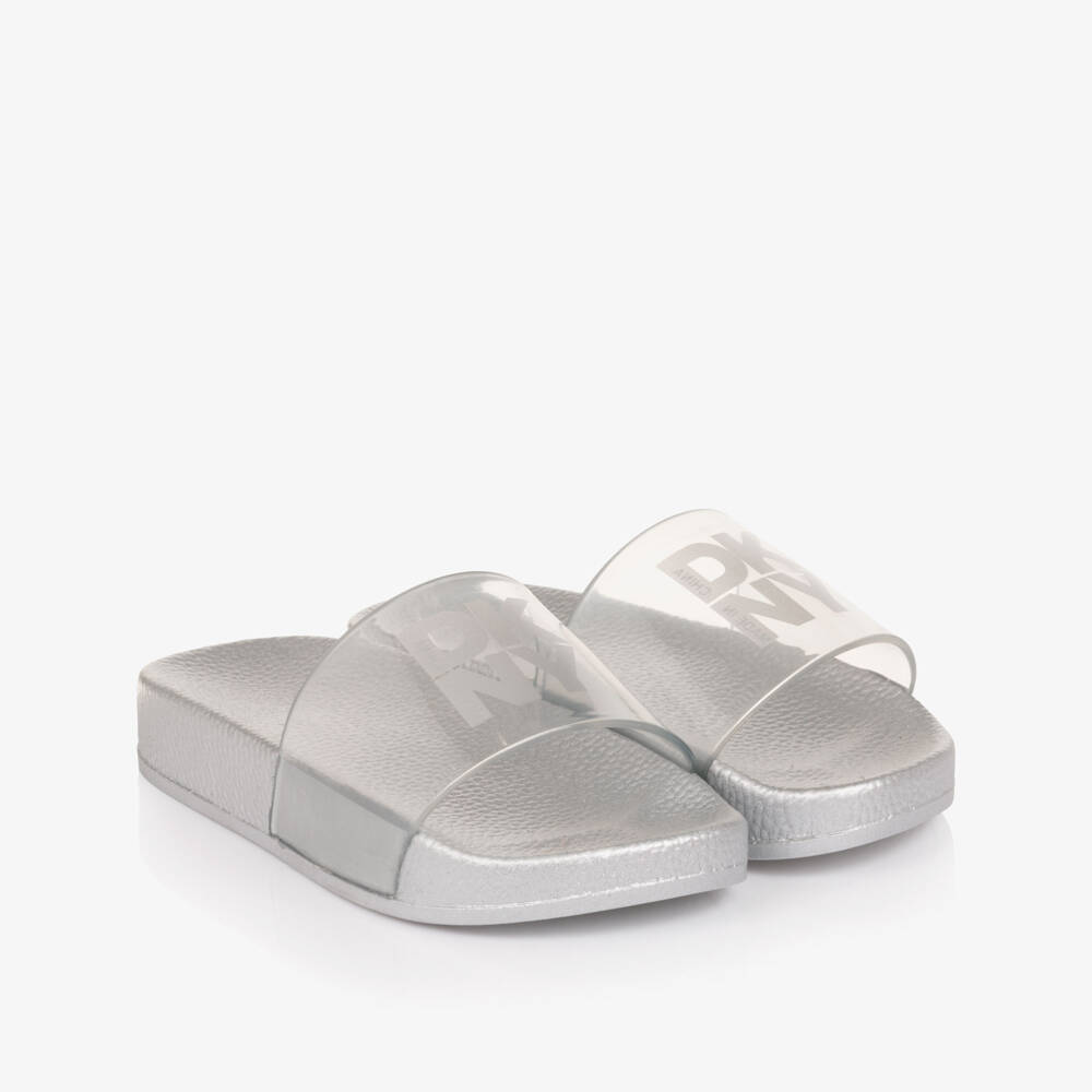 DKNY-Girls Silver Sliders with Transparent Logo Strap | Childrensalon
