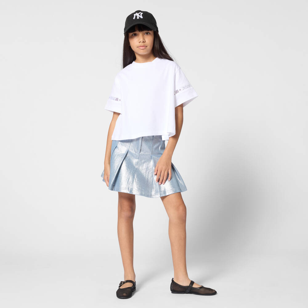 DKNY-Футболка белая хлопковая с логотипом на рукавах для девочек | Childrensalon