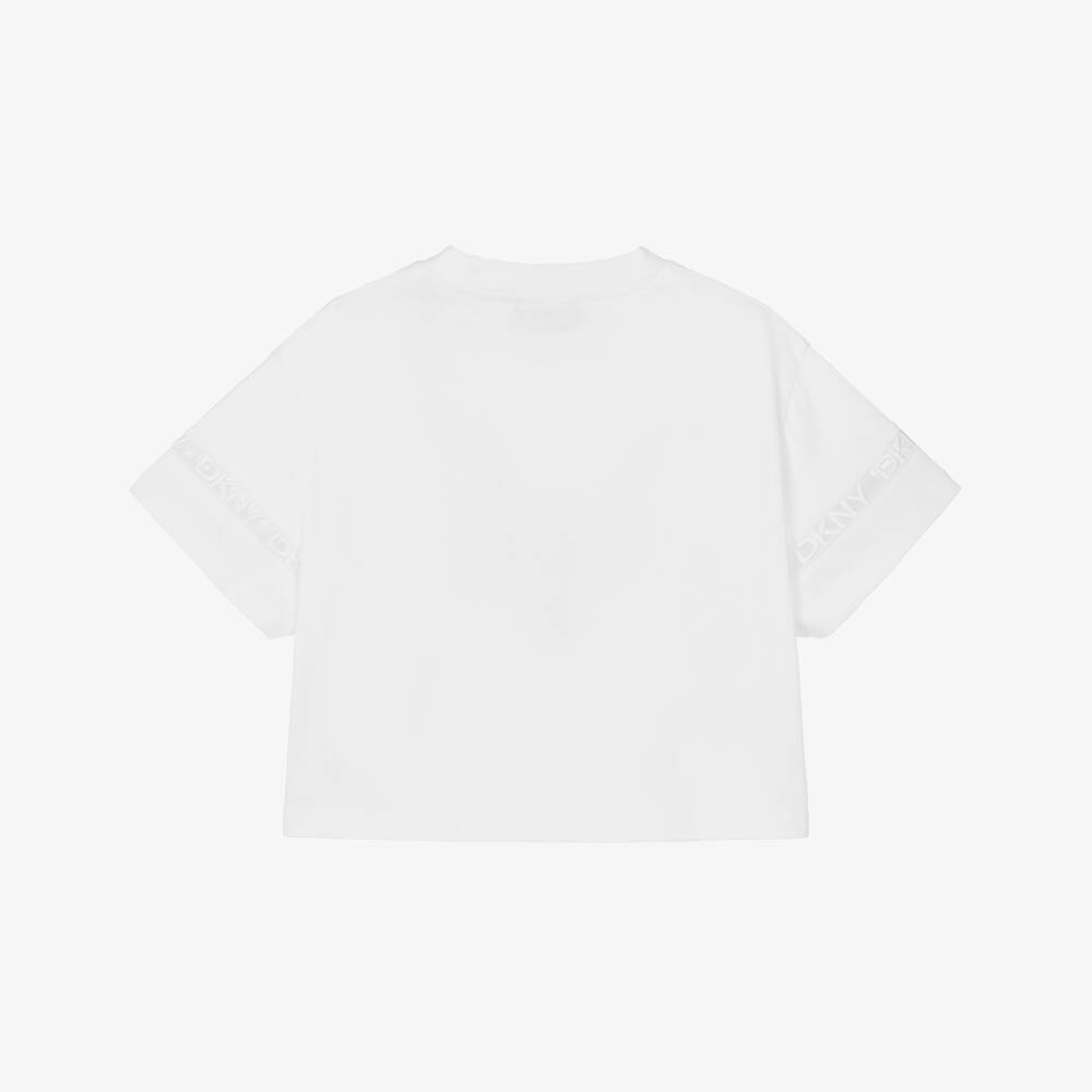 DKNY-Girls White Cotton Boxy T-Shirt with Logo Sleeves | Childrensalon