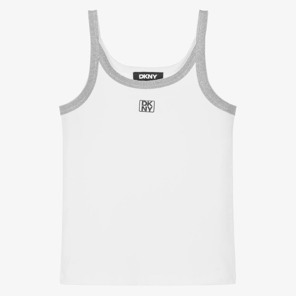 DKNY-Girls White Cotton Jersey Sleeveless Top with Silver Logo | Childrensalon