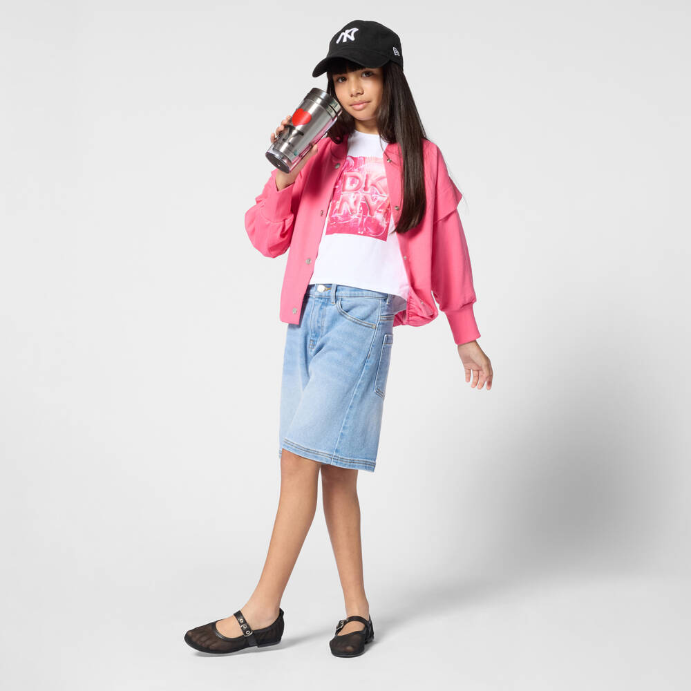 DKNY-Футболка белая из хлопкового трикотажа с розовым горизонтом для девочек | Childrensalon