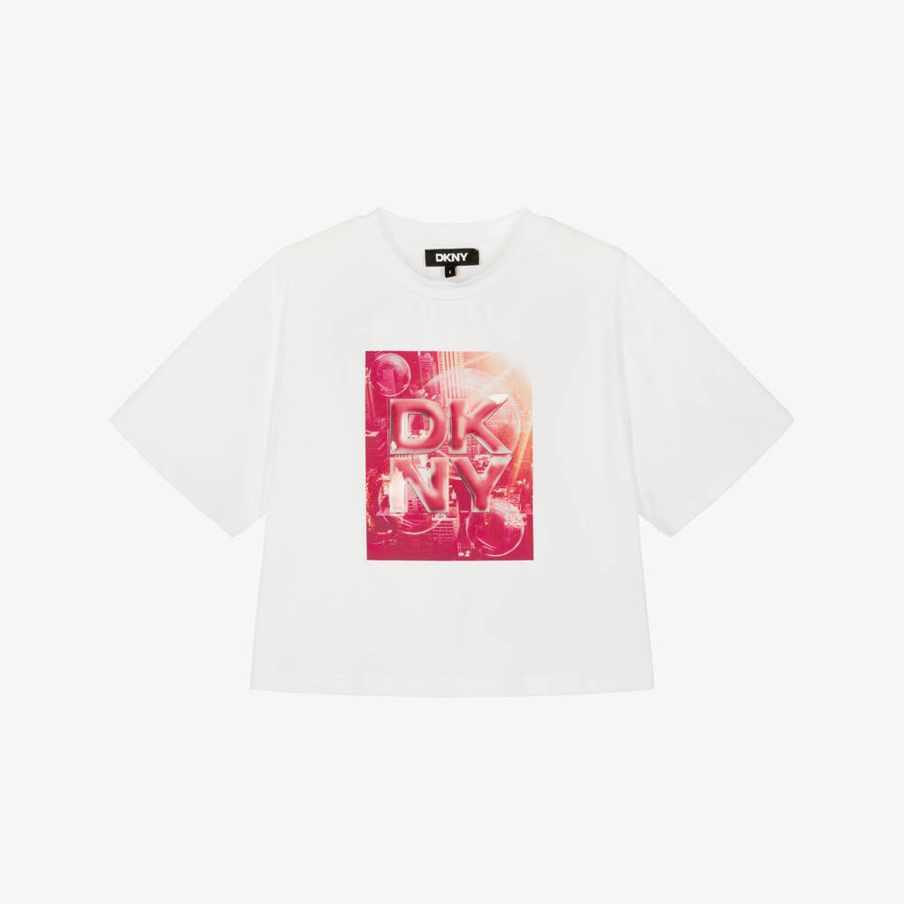 DKNY-Girls White Cotton Jersey T-Shirt with Pink Skyline Graphic | Childrensalon