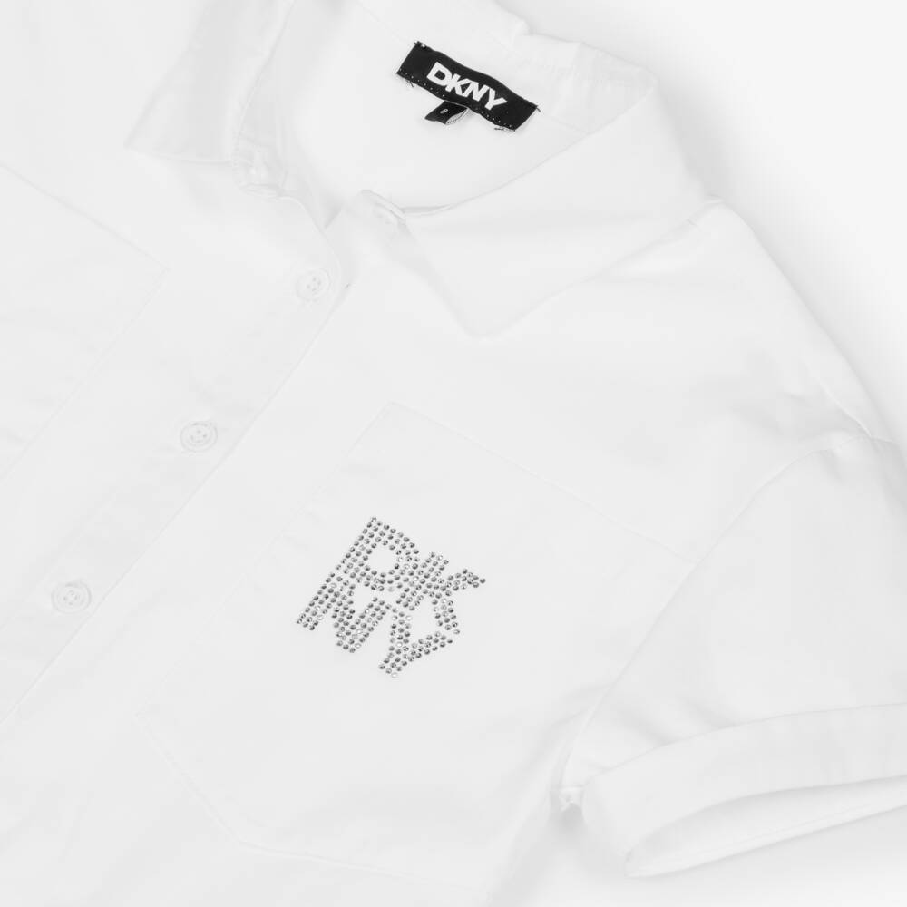 DKNY-Girls White Cotton Shirt Dress with Stacked Diamanté Logo | Childrensalon