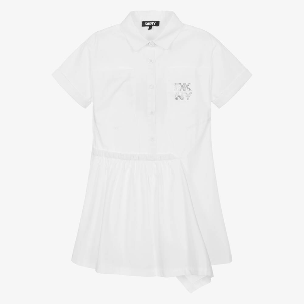 DKNY-Girls White Cotton Shirt Dress with Stacked Diamanté Logo | Childrensalon