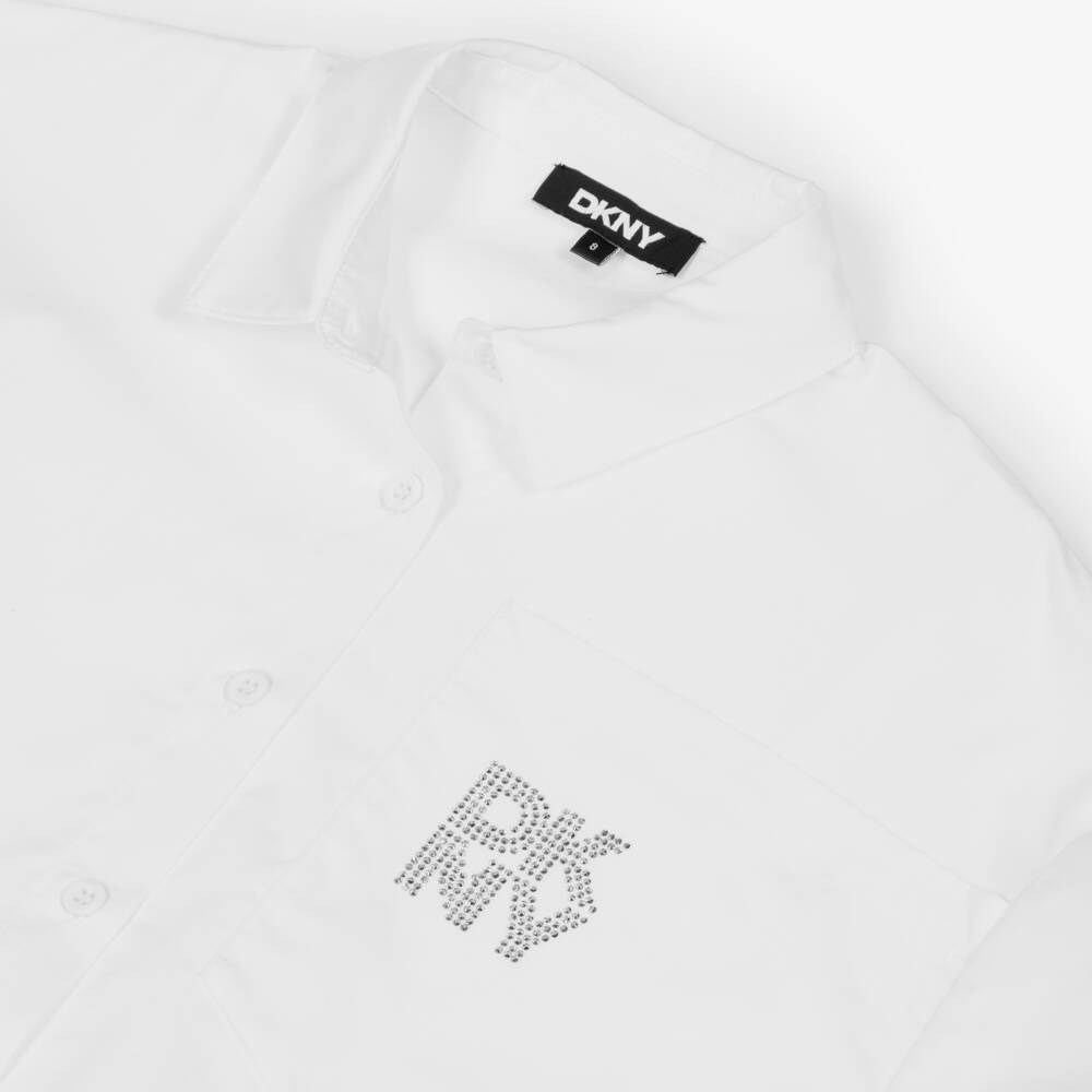 DKNY-Girls White Cotton Shirt with Stacked Diamanté Logo | Childrensalon