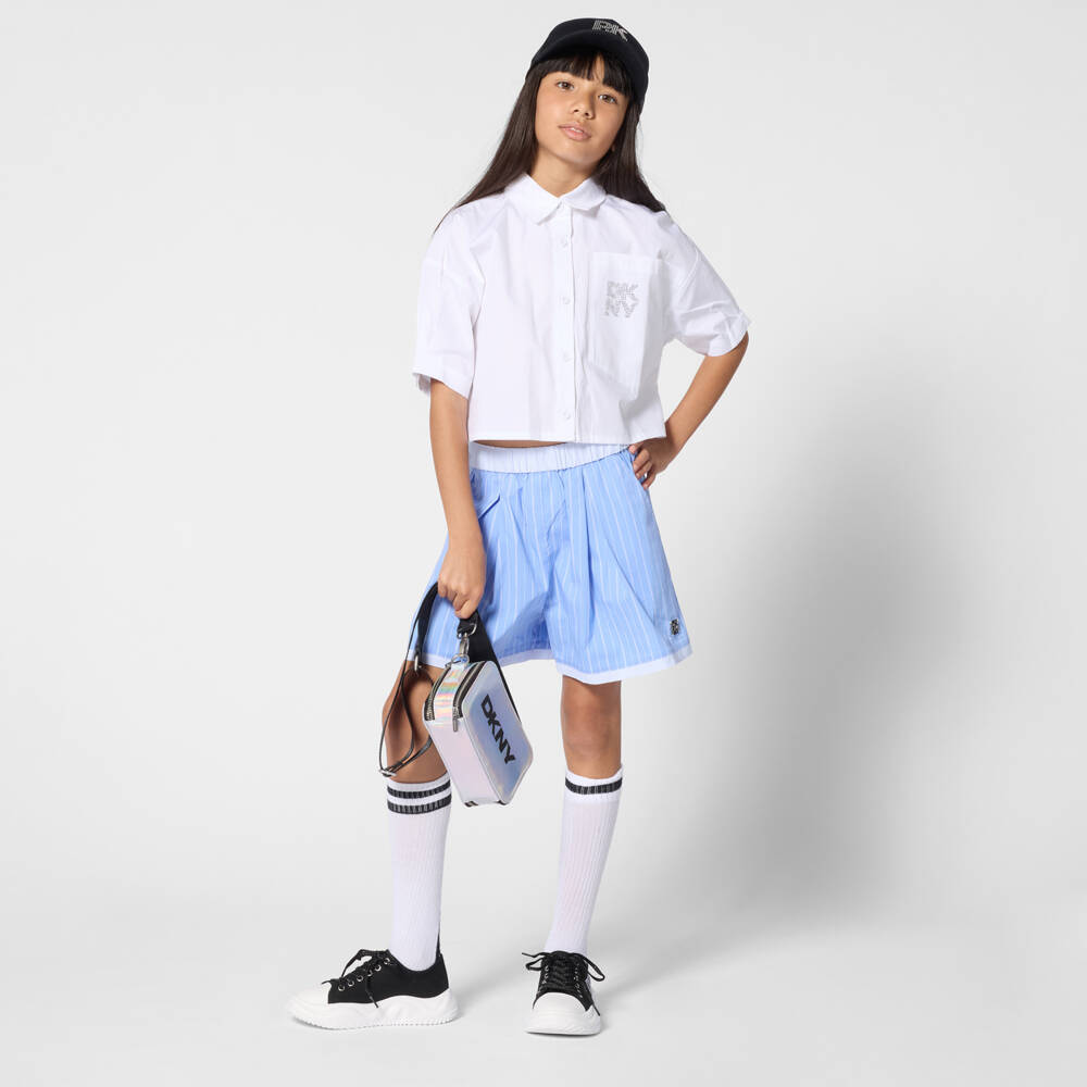 DKNY-Рубашка белая хлопковая с логотипом из стразов для девочек | Childrensalon