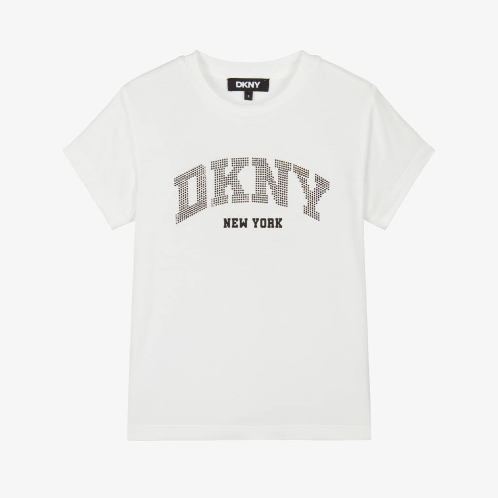 DKNY-Girls White Jersey Diamanté Logo T-Shirt | Childrensalon