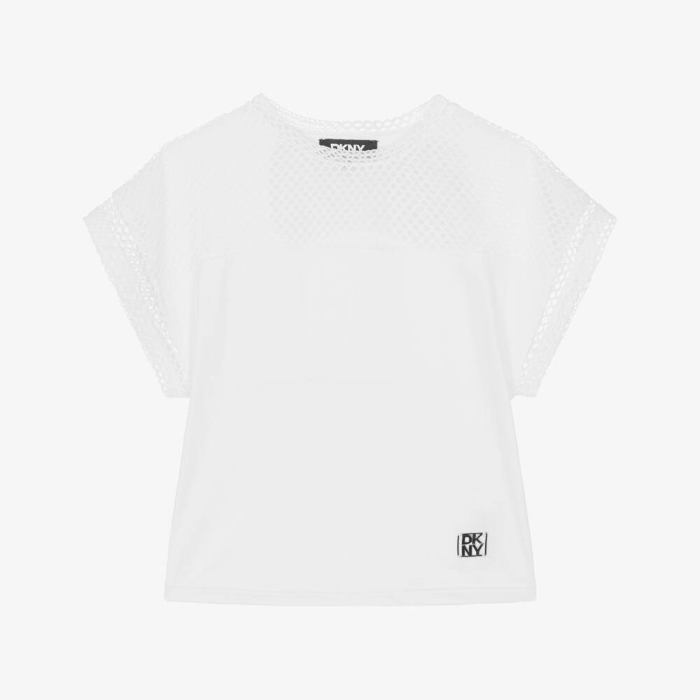 DKNY-Girls White Jersey & Mesh T-Shirt with Silver Metal Logo | Childrensalon