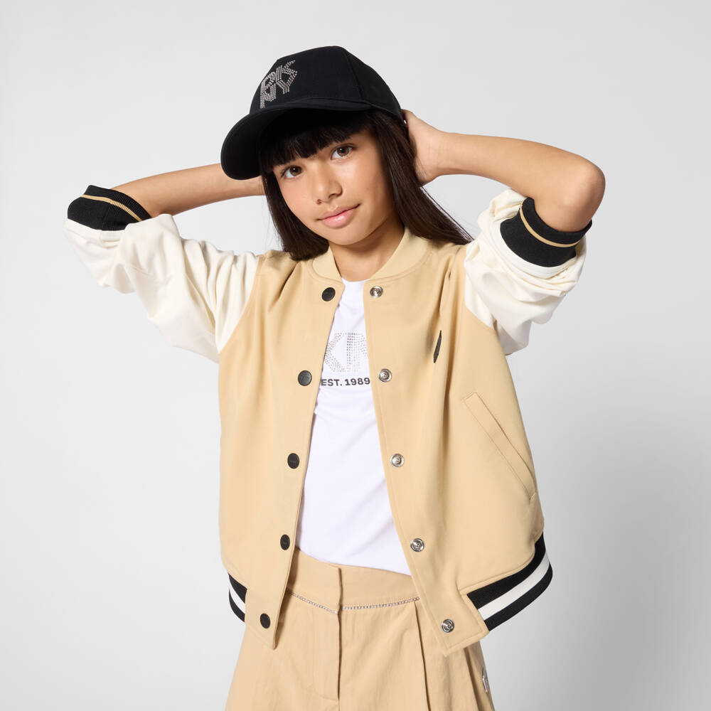 DKNY-Футболка белая трикотажная с логотипом из страз для девочек | Childrensalon