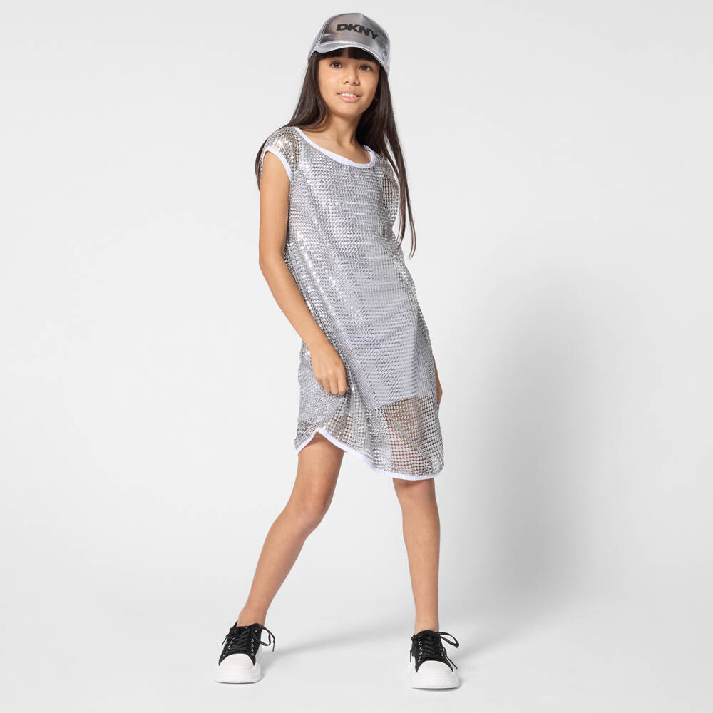 DKNY-Girls White Jersey & Silver Sequin 2-in-1 Dress | Childrensalon