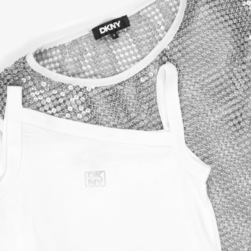 DKNY-Girls White Jersey & Silver Sequin 2-in-1 Dress | Childrensalon