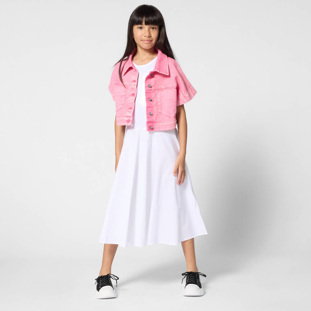 DKNY-Girls White Shimmer Jersey & Cotton Poplin Midi Dress | Childrensalon