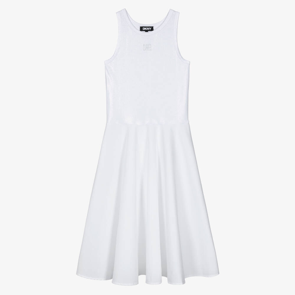 DKNY-Girls White Shimmer Jersey & Cotton Poplin Midi Dress | Childrensalon
