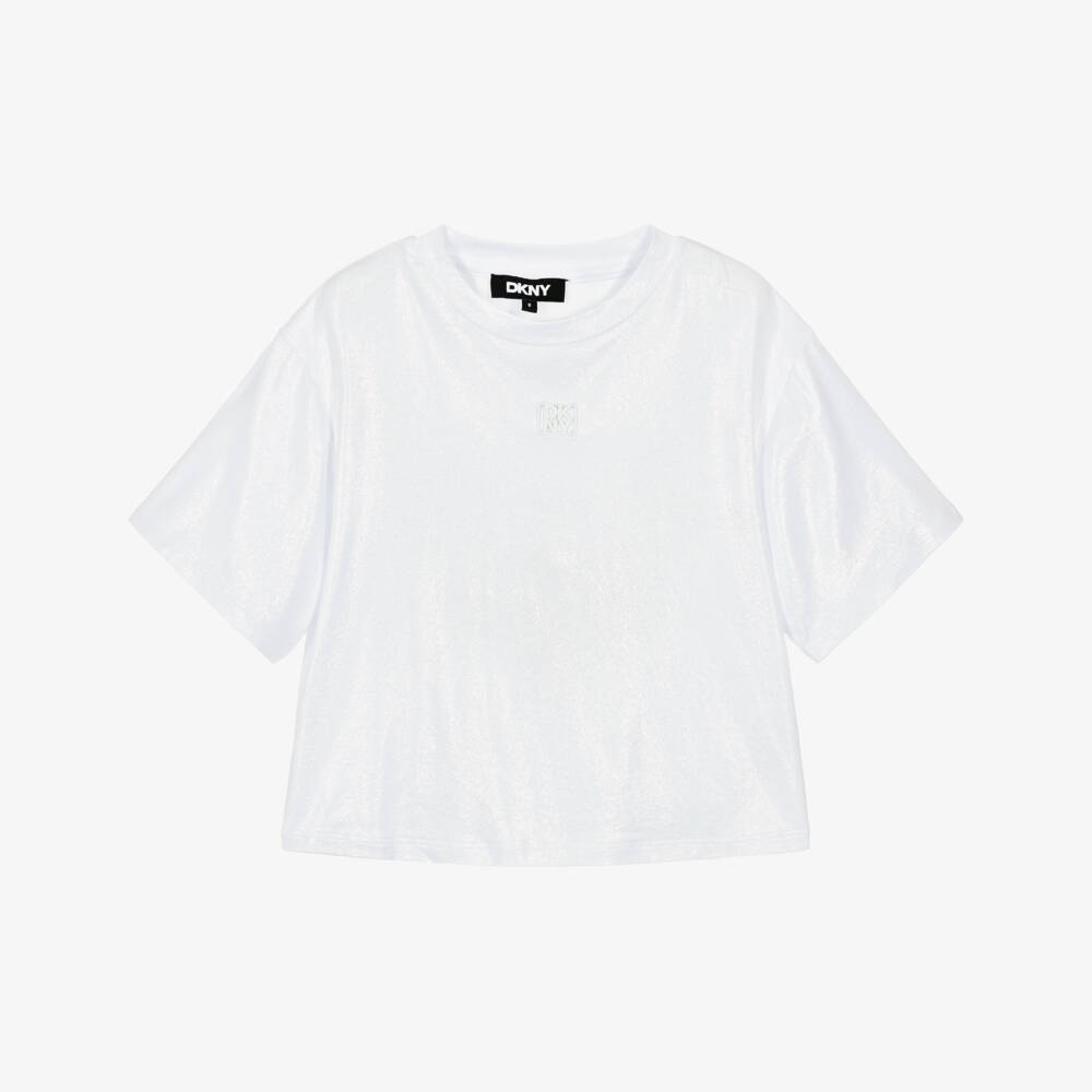 DKNY-Girls White & Shimmering Pink Jersey T-Shirt | Childrensalon