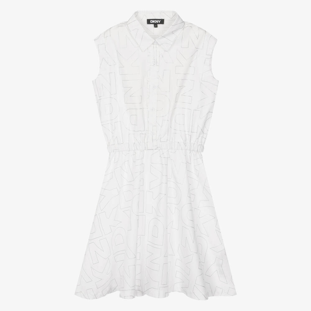 DKNY-Girls White & Silver Logo Cotton Sleeveless Dress  | Childrensalon
