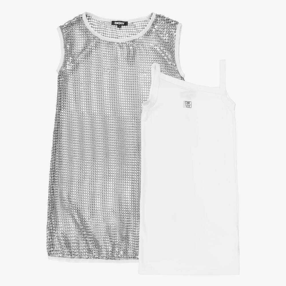 DKNY-Girls White & Silver Sequin 2-in-1 Dress | Childrensalon