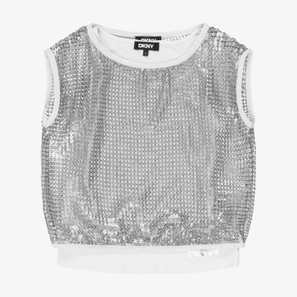 DKNY-Girls White & Silver Sequin 2-in-1 Top | Childrensalon