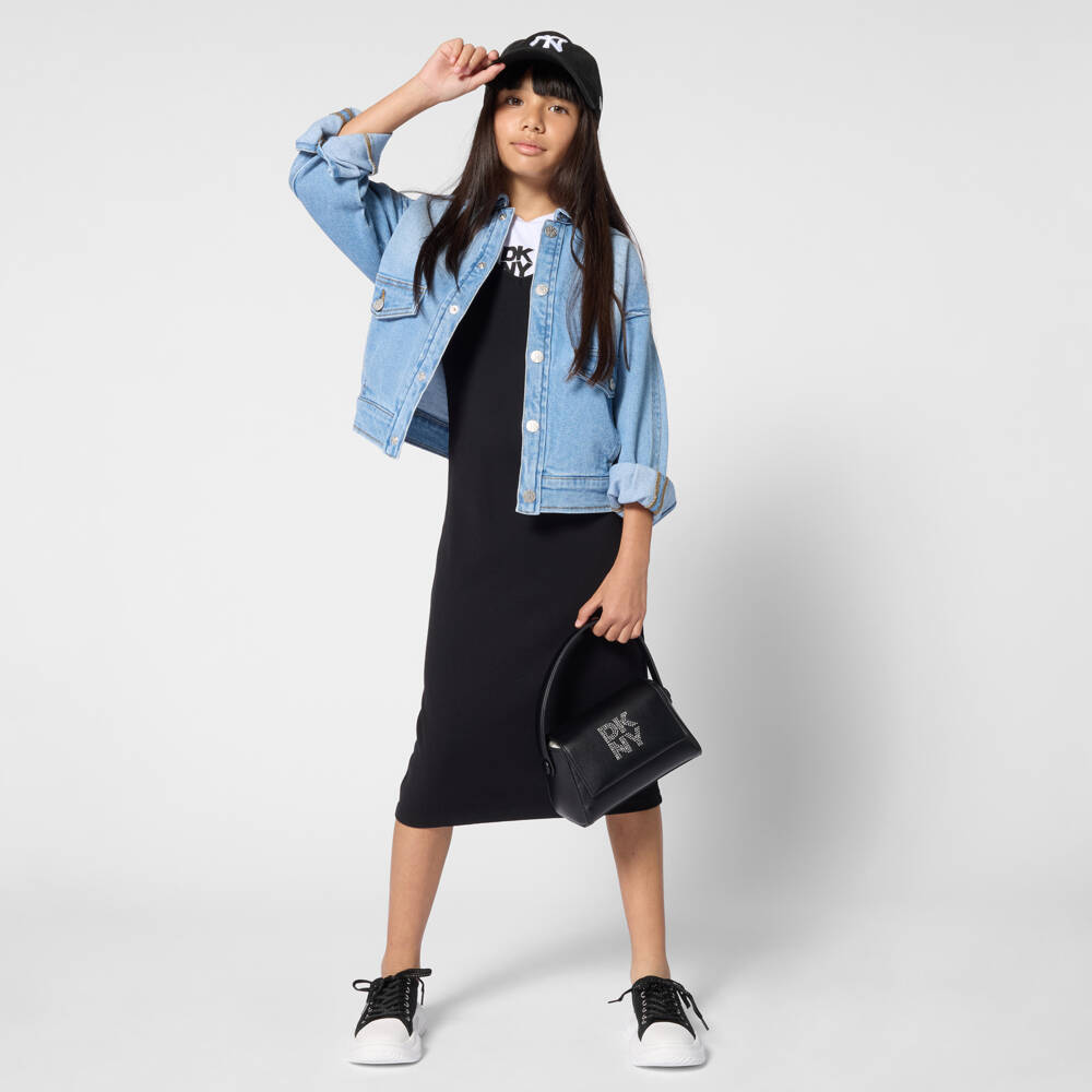 DKNY-طقم فستان وتيشيرت جيرسي لون أبيض وأسود للبنات | Childrensalon