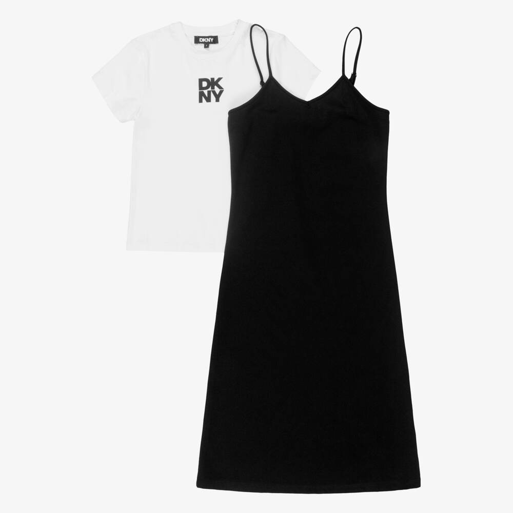 DKNY-طقم فستان وتيشيرت جيرسي لون أبيض وأسود للبنات | Childrensalon