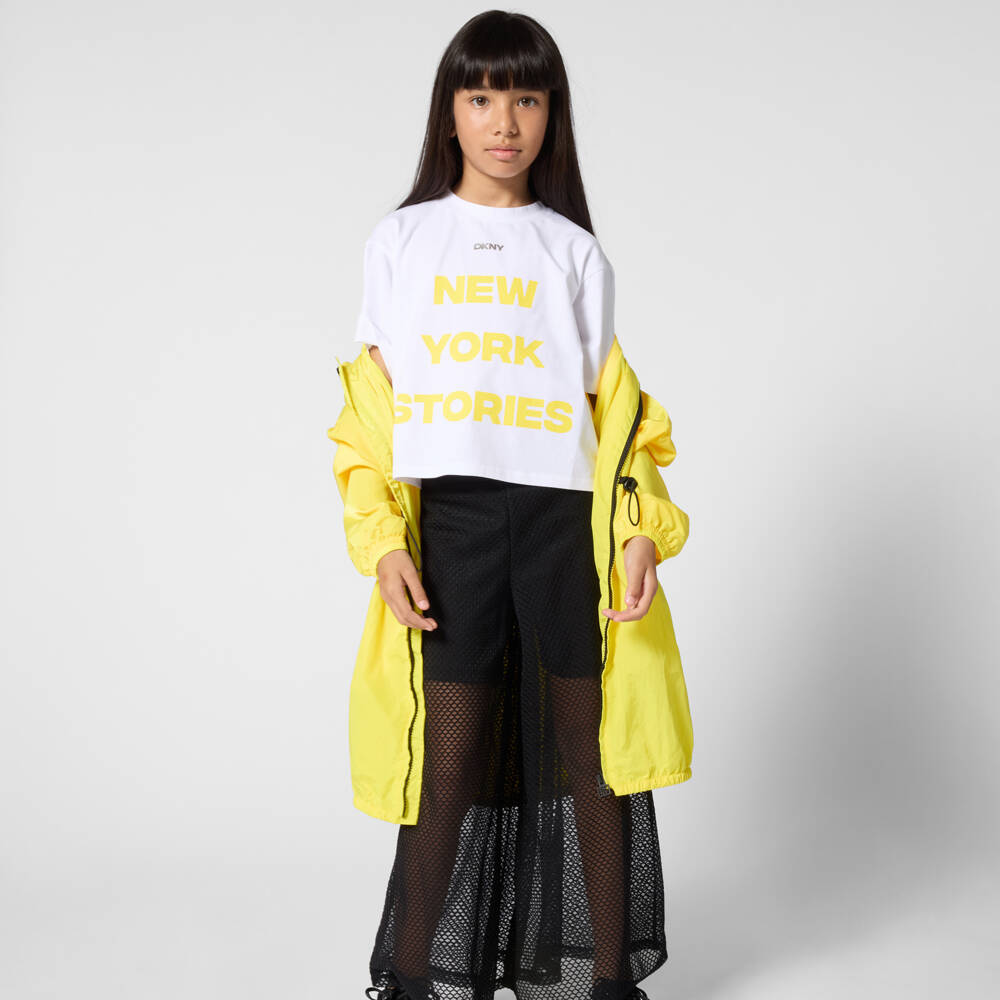 DKNY-Футболка бело-жёлтая из хлопка с логотипом для девочек | Childrensalon