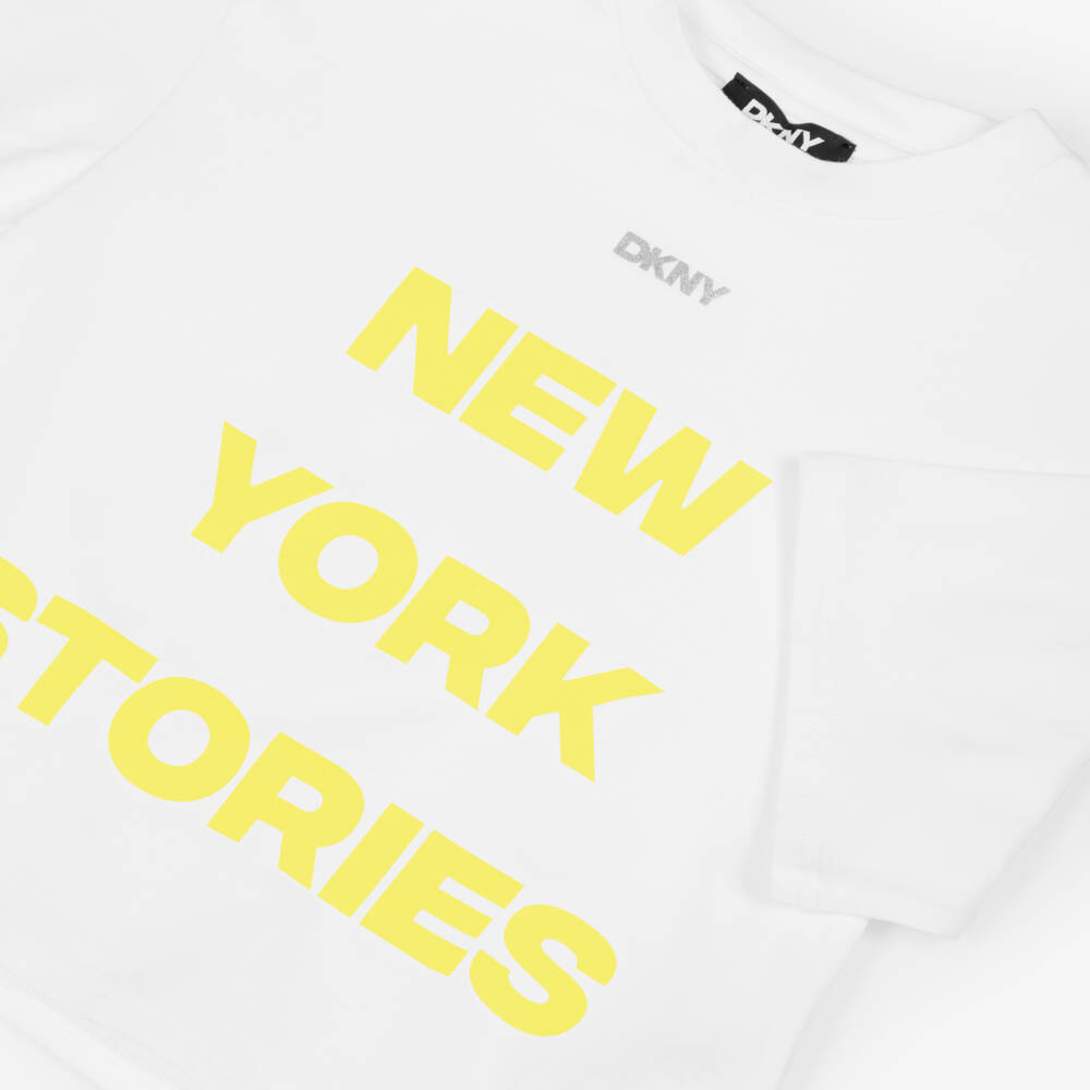 DKNY-Girls White & Yellow Cotton Logo T-Shirt | Childrensalon