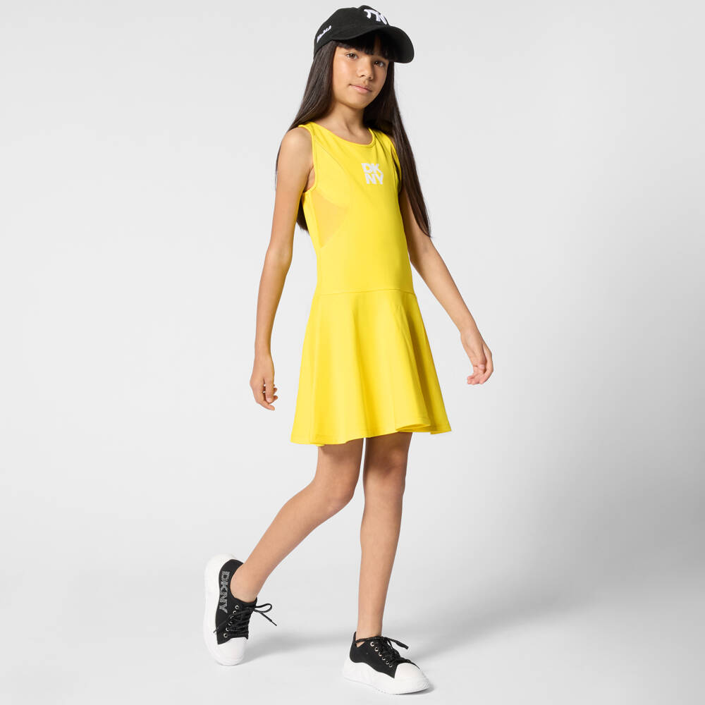 DKNY-Girls Yellow Jersey Dress with Stacked Logo | Childrensalon