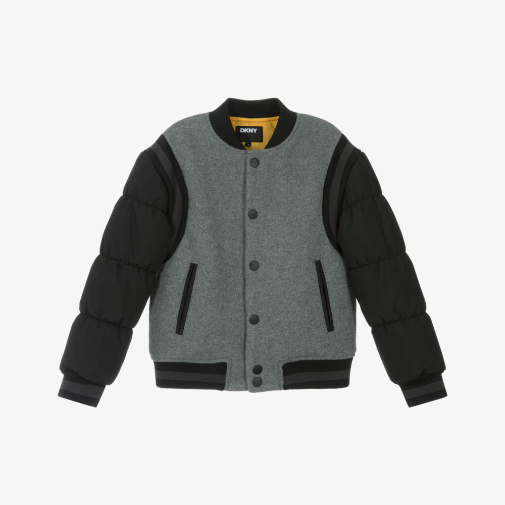 DKNY-جاكيت بومبر بأكمام منفوخة لون أسود ورمادي  | Childrensalon