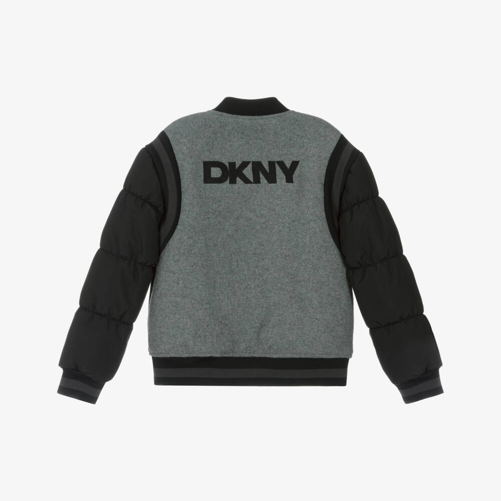DKNY-جاكيت بومبر بأكمام منفوخة لون أسود ورمادي  | Childrensalon