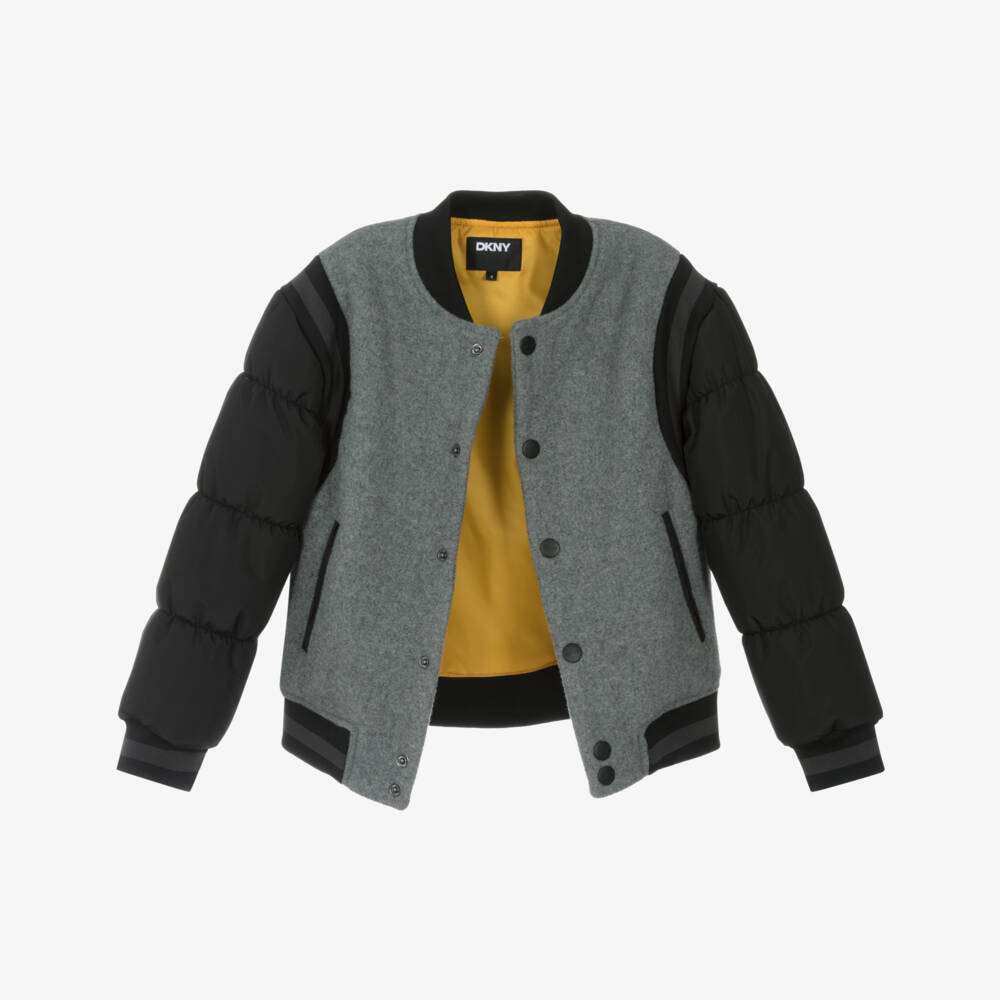 DKNY-جاكيت بومبر بأكمام منفوخة لون أسود ورمادي  | Childrensalon
