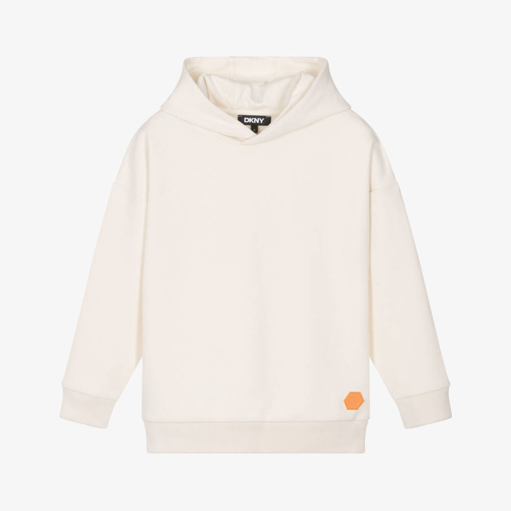 DKNY-Ivory Hoodie with Orange NY Boroughs Print | Childrensalon