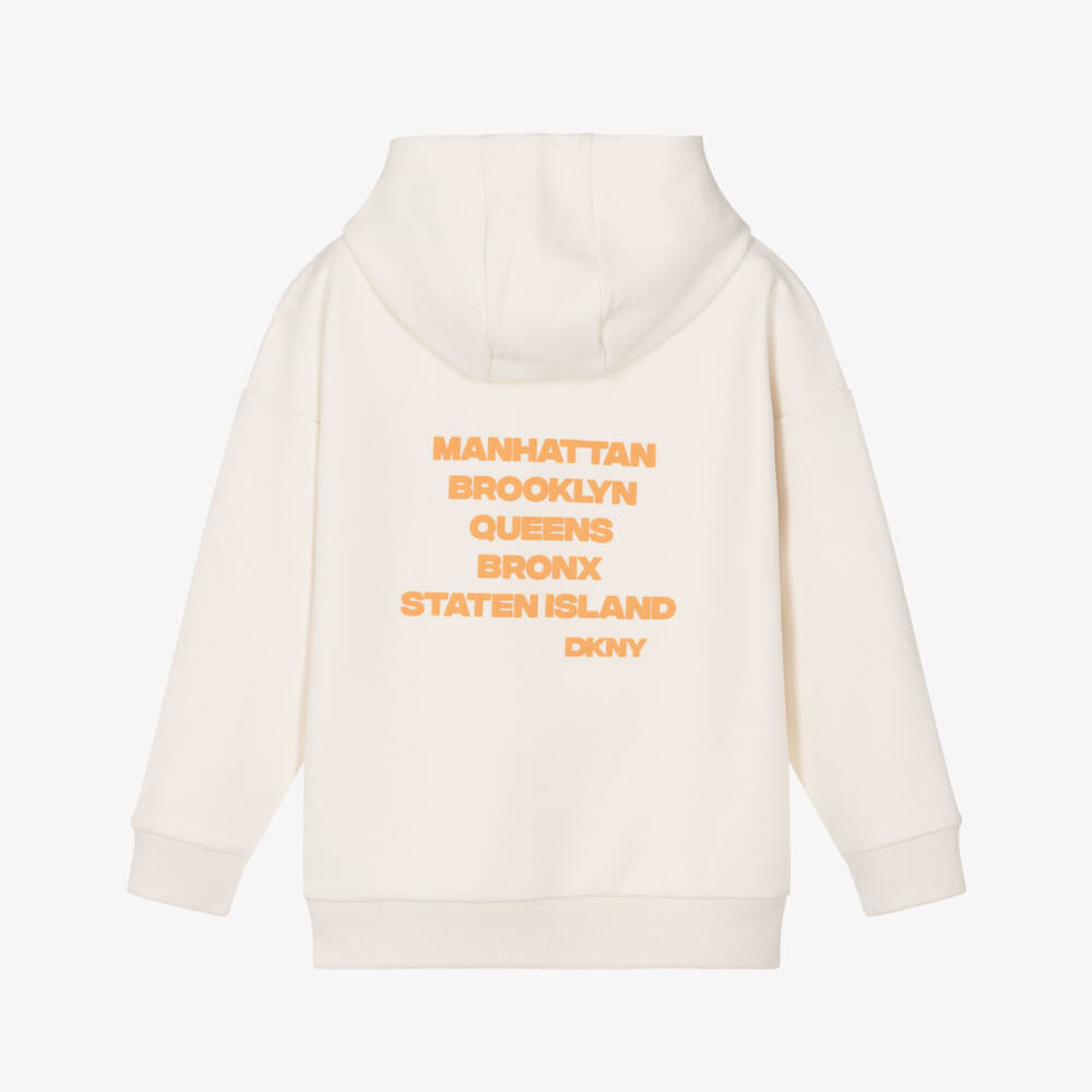 DKNY-Ivory Hoodie with Orange NY Boroughs Print | Childrensalon