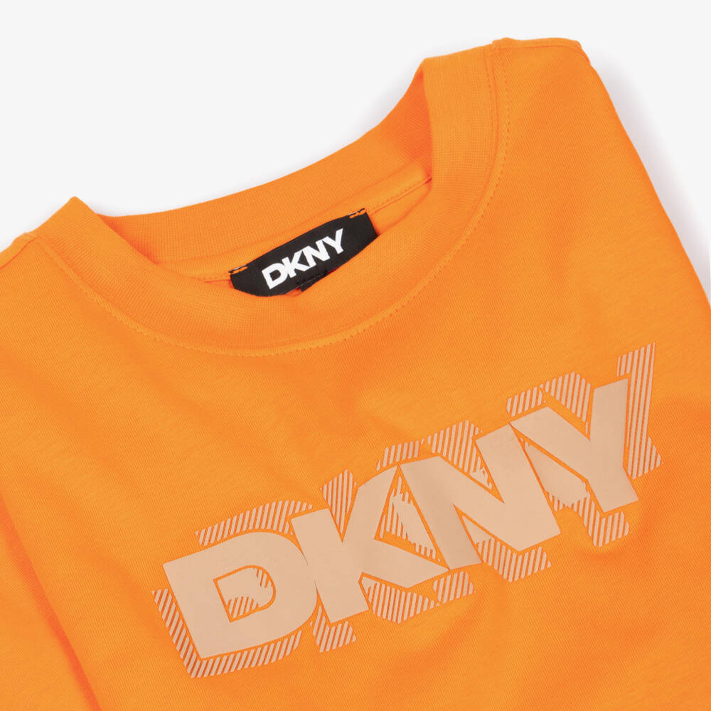 DKNY-Orange Cotton Jersey T-Shirt with Beige DKNY Logo Print | Childrensalon