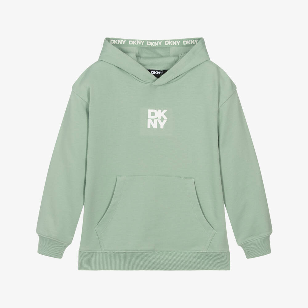 DKNY-Sage Green Jersey Hoodie with White Logo Prints | Childrensalon