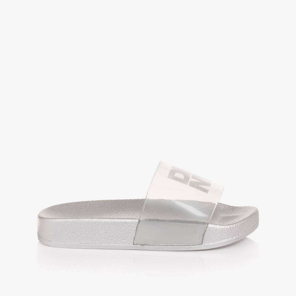 DKNY-Girls Silver Sliders with Transparent Logo Strap | Childrensalon
