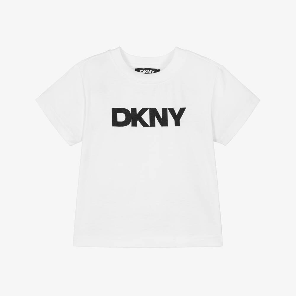 DKNY-White Cotton Jersey T-Shirt with Black Logo Print | Childrensalon
