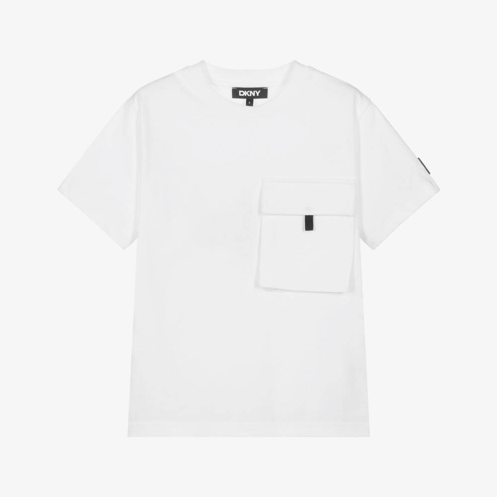 DKNY-White Cotton Jersey T-Shirt with Chest Pocket | Childrensalon